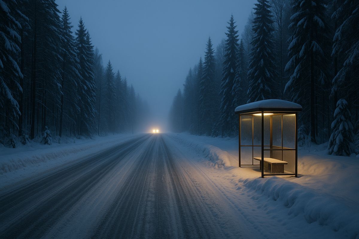 Snowy Finnish highway with soft snowbanks and a lit bus stop against dark conifer forest.