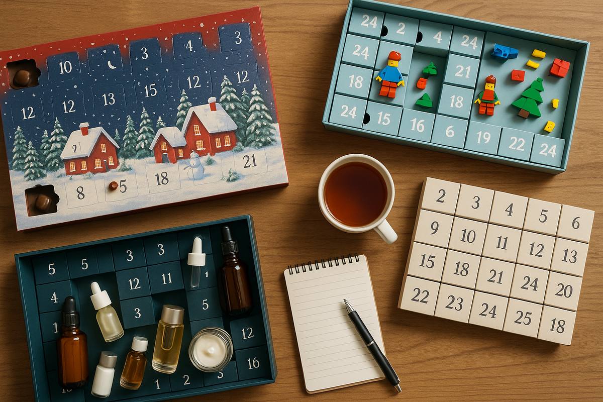 Different chocolate, LEGO, beauty and tea advent calendars lie on a wooden table next to tea and a notepad.