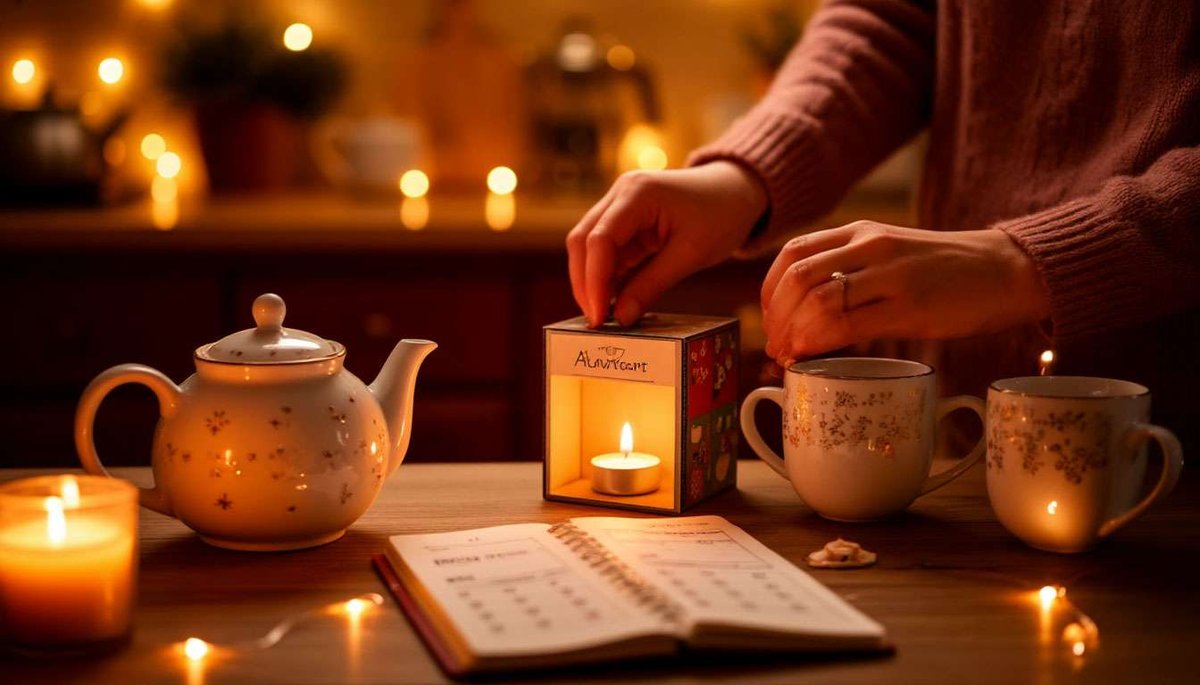 Adult and child hands open an advent calendar door over a table with tea and warm lights.