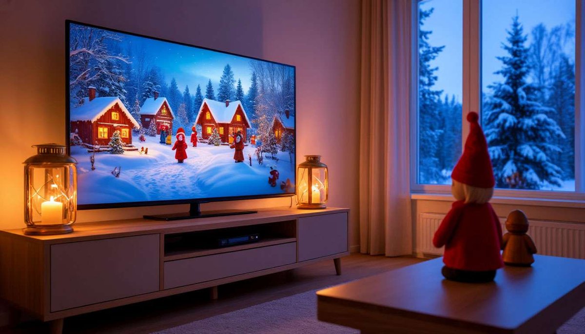A TV in a Finnish home plays a cozy winter children’s show with candles and a tonttu figure nearby.