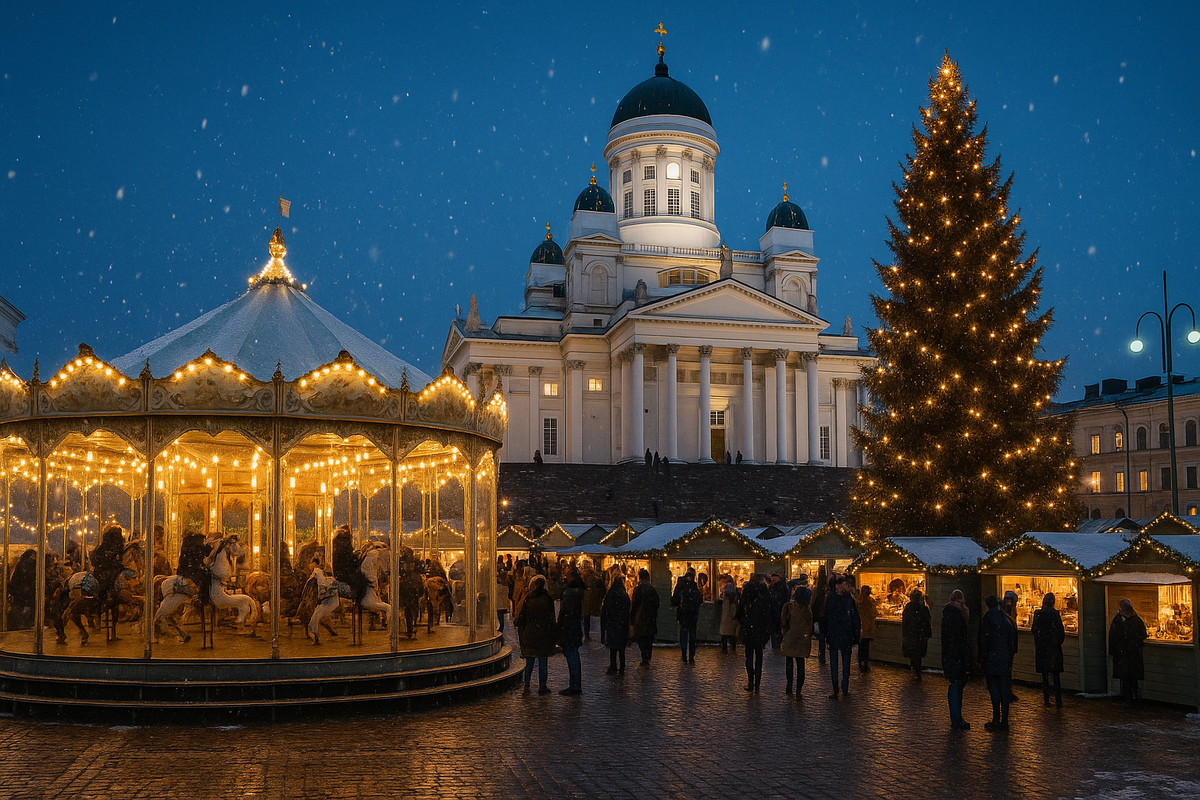 Tuomaan Markkinat Christmas market on Senaatintori with Helsinki Cathedral and carousel.