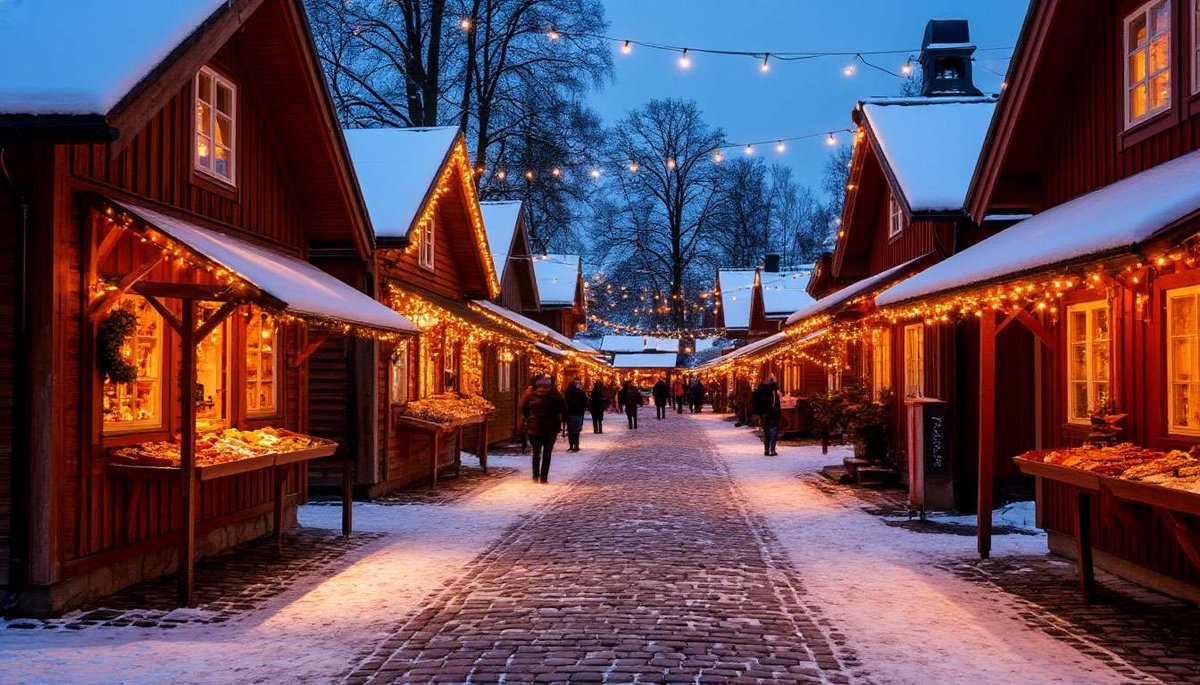 Historic Turku Christmas market on Vanha Suurtori with stalls, lights and snow.