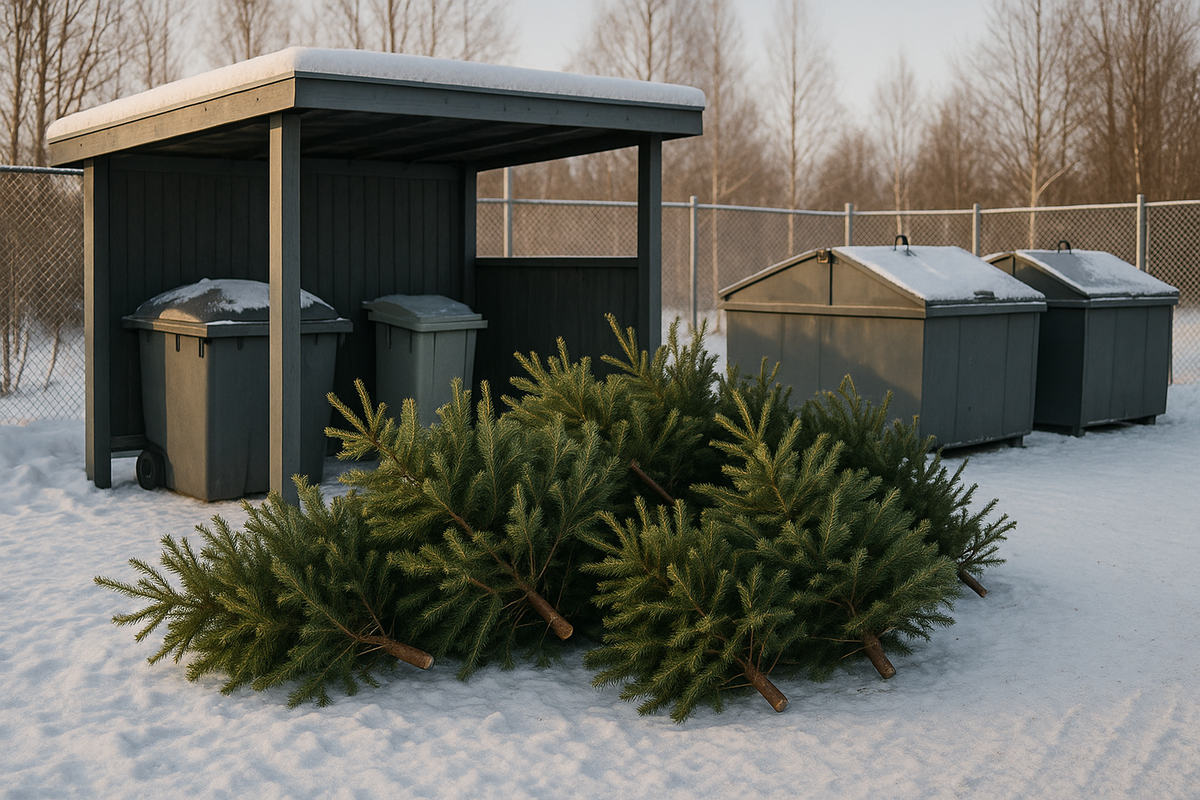 Used Christmas trees are stacked at a Finnish recycling point in snowy January.