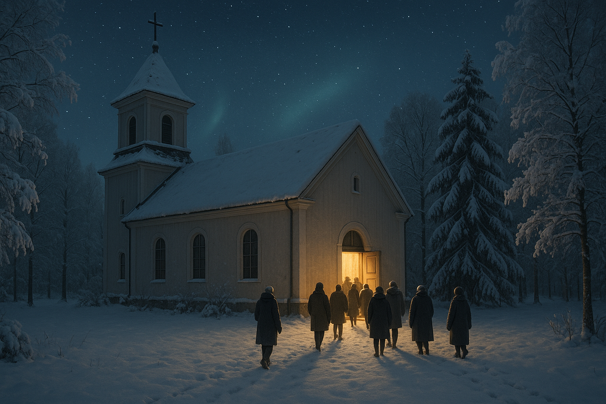 People leave a warmly lit Finnish church into a quiet snowy winter night.