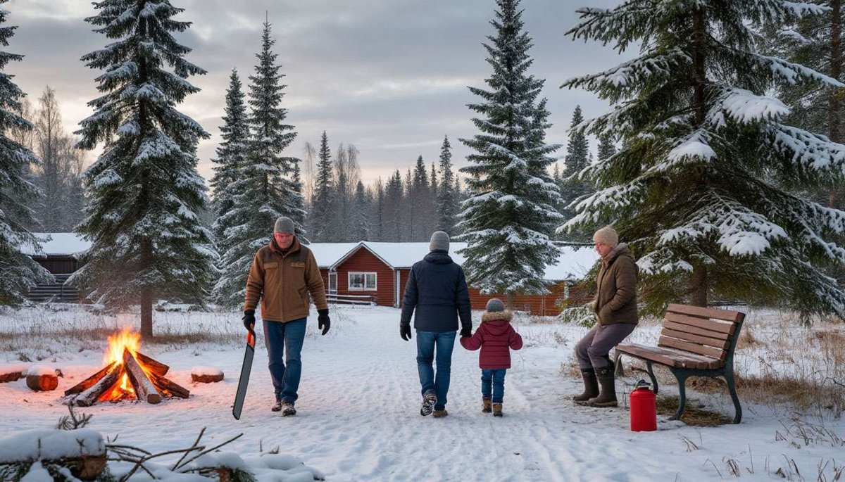 A family walks through a snowy Finnish tree farm to cut their own Christmas tree.