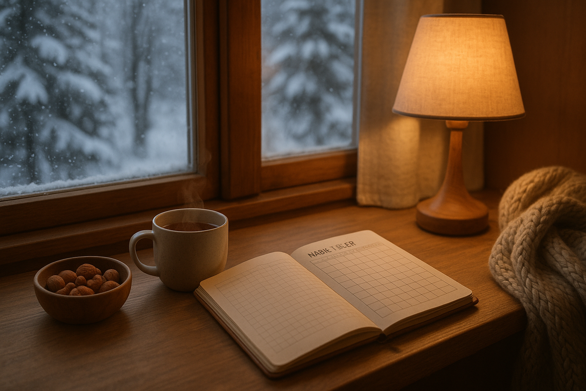 A cozy Finnish winter corner with a habit tracker, hot tea and a snowy view.