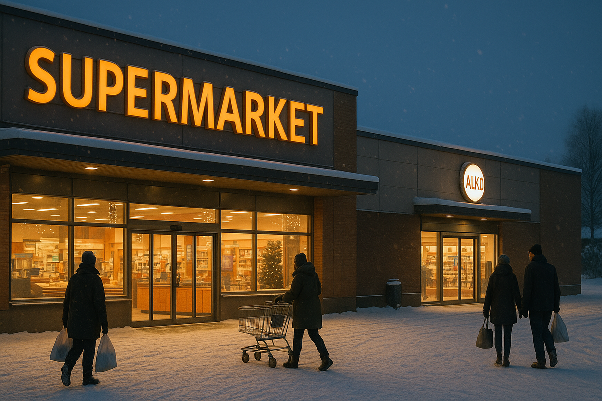 A winter scene by Finnish supermarkets with people doing last holiday shopping.