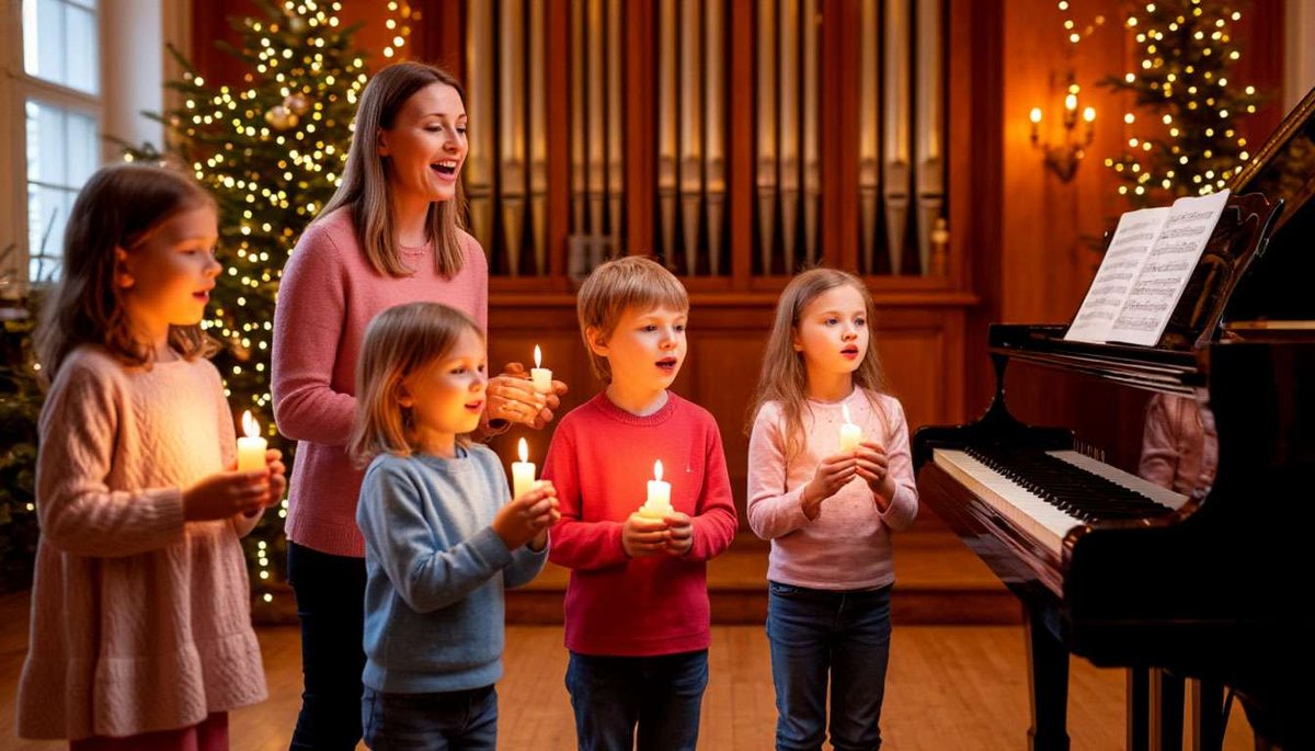 Adults and children sing together at a family-friendly Kauneimmat Joululaulut event in Finland.