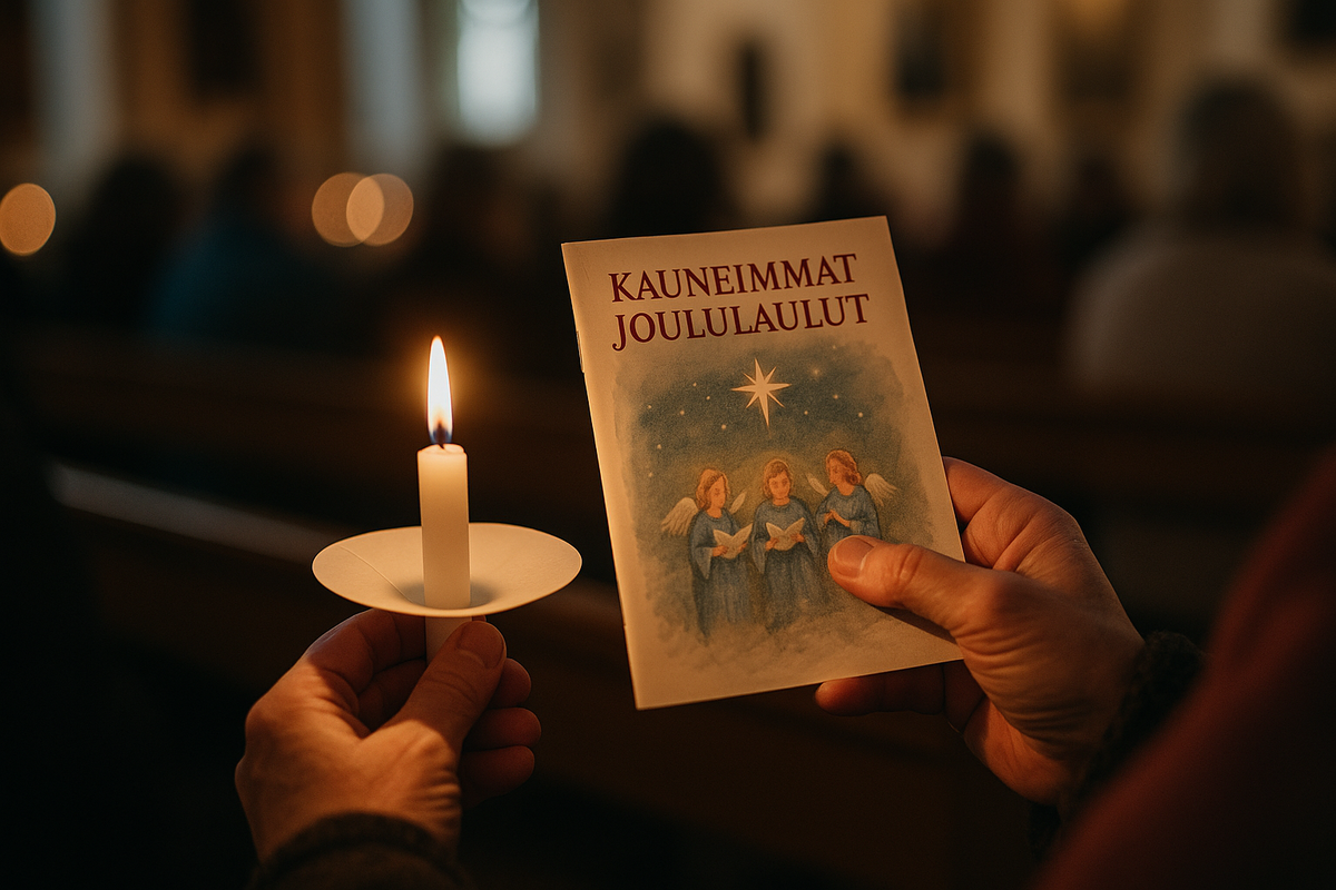 Hands hold a Christmas song booklet and candle during a Kauneimmat Joululaulut service.
