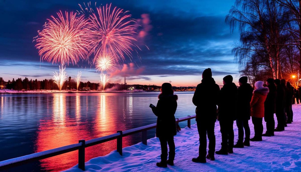 People in winter clothes watch distant fireworks over water during a Finnish New Year celebration.
