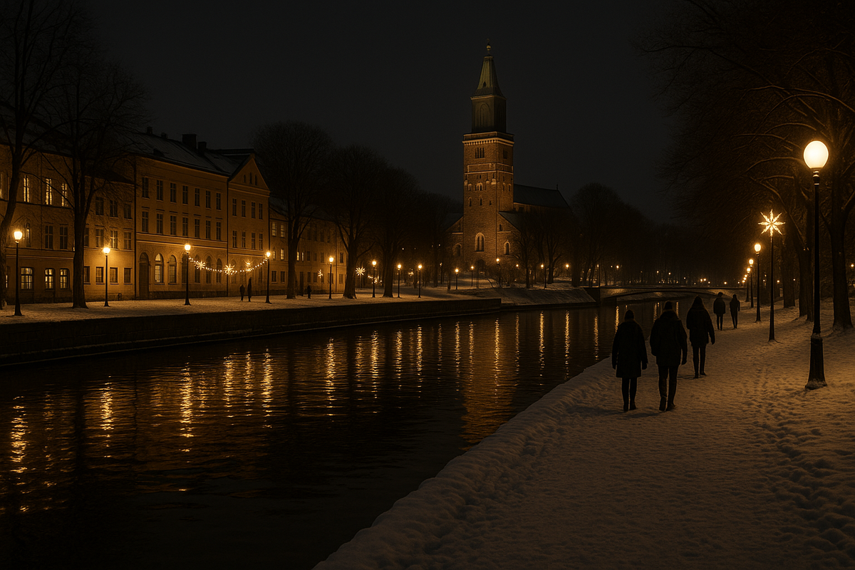 A calm New Year’s Eve by the river in Turku with reflections of city lights in the water.
