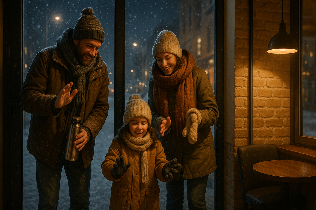 A family in winter clothes warms up in a cozy indoor spot while the snowy city night is visible outside.