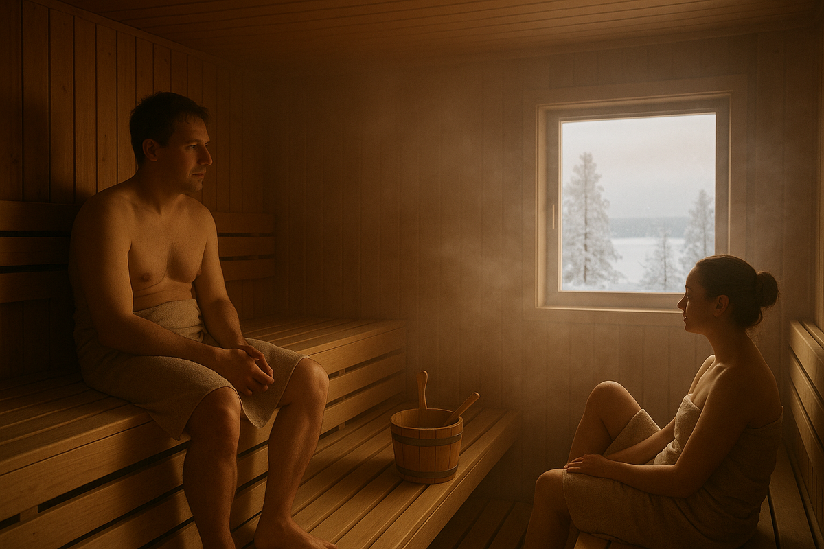 A warm Finnish public sauna interior with soft steam and a snowy view outside.