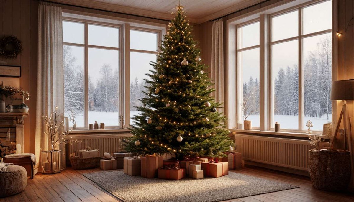 A Scandinavian-style Finnish living room features a real Christmas tree and minimal decor.