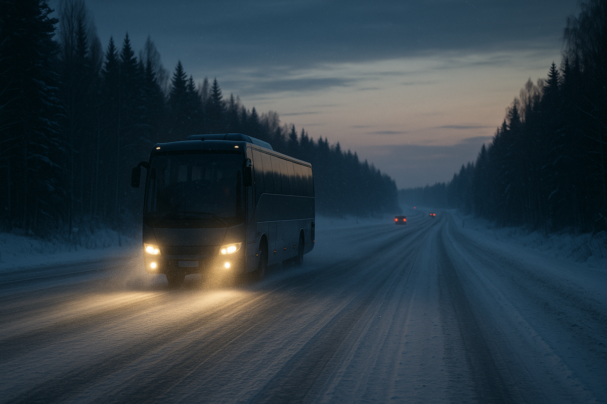 A long-distance bus driving along a snowy Finnish highway at dusk.