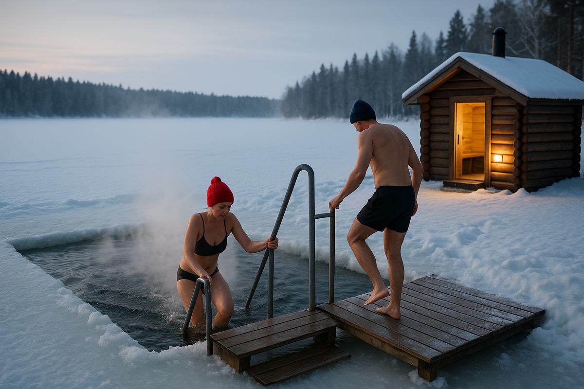 Two people practice Finnish winter ice swimming beside a sauna on a frozen lake.