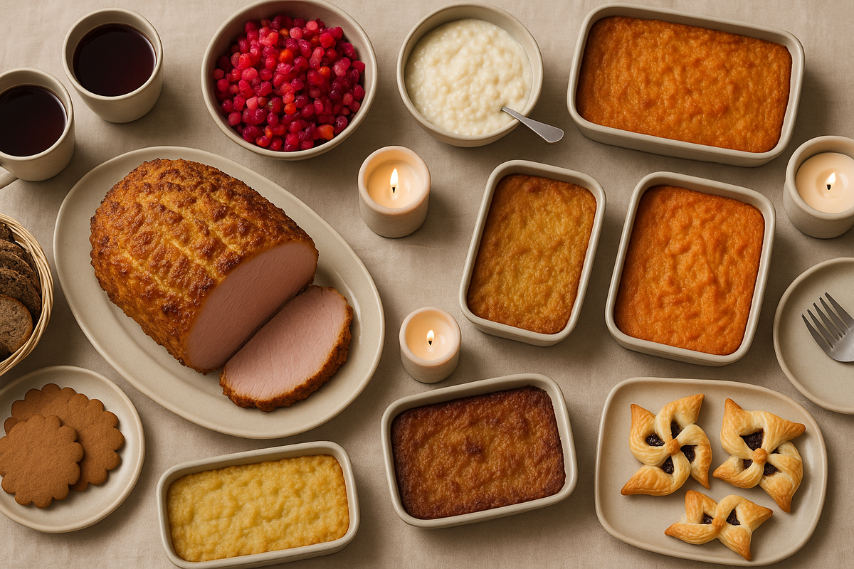 A Finnish Christmas table is laid with joulukinkku, casseroles, rosolli, rice porridge and glögi.