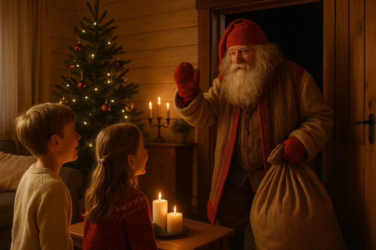 Joulupukki visits a Finnish home on Christmas Eve with a bag of presents for excited children.