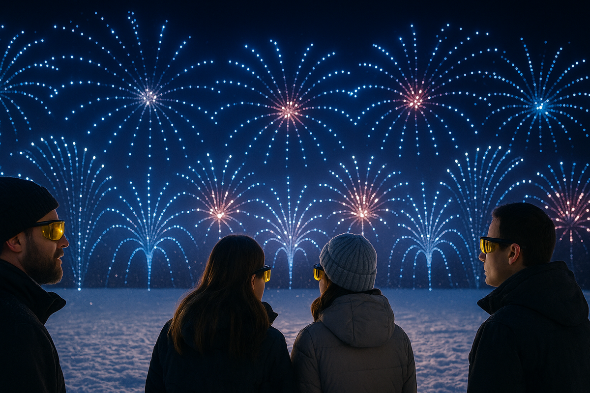 A crowd in winter clothes watching a safe New Year light or fireworks show while wearing protective glasses.