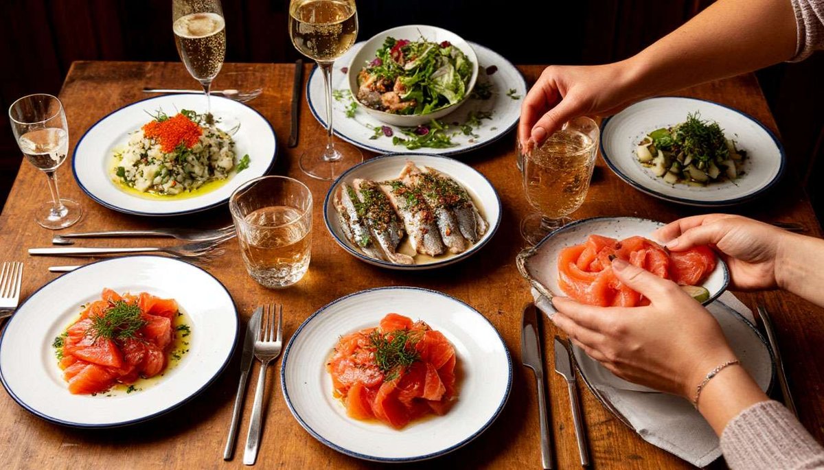 A Nordic-style New Year’s Eve dinner table with traditional Finnish dishes and people passing plates.