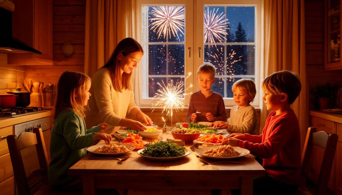 A Finnish family setting a New Year’s Eve table while children watch fireworks through the window.