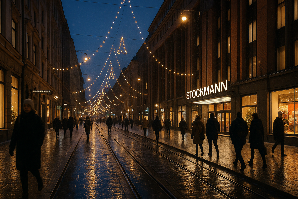 Evening Aleksanterinkatu with Christmas lights and pedestrians.
