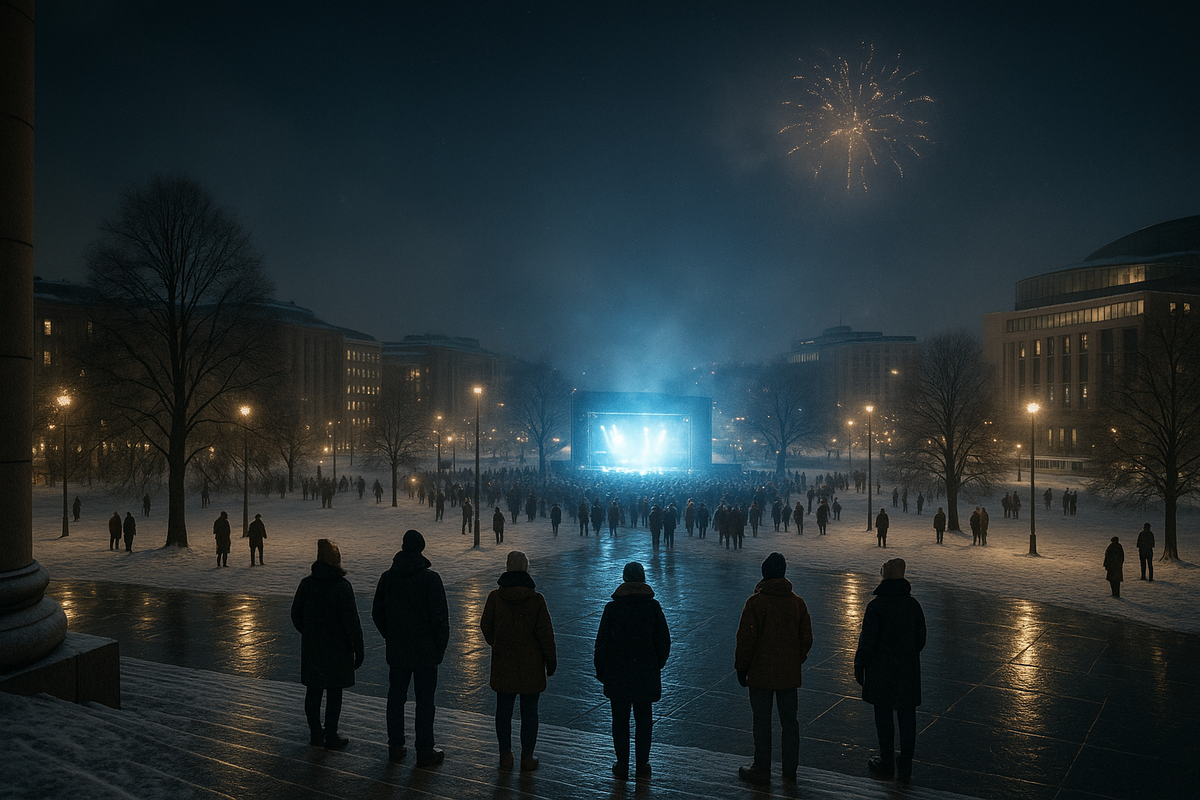 Parliament steps viewpoint with stage lights and night crowd.