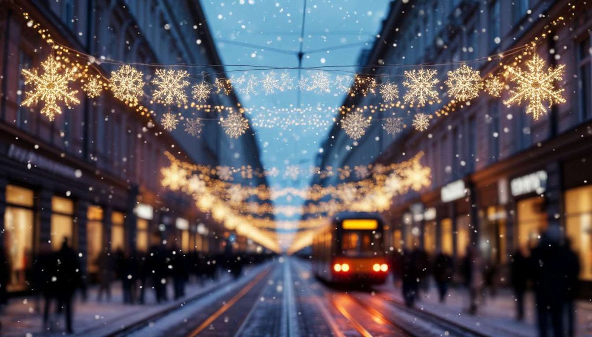 A close-up view of hanging Christmas lights above Aleksanterinkatu with blurred city life below.