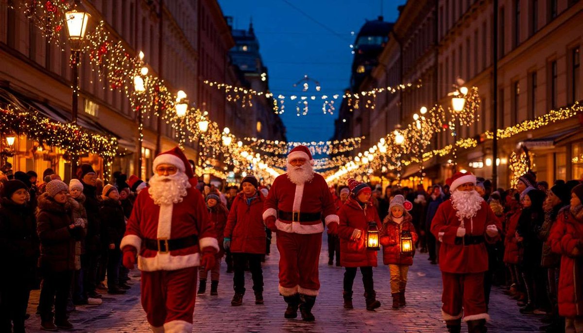 A Christmas parade with Santa and children with lanterns moves along Aleksanterinkatu in Helsinki.