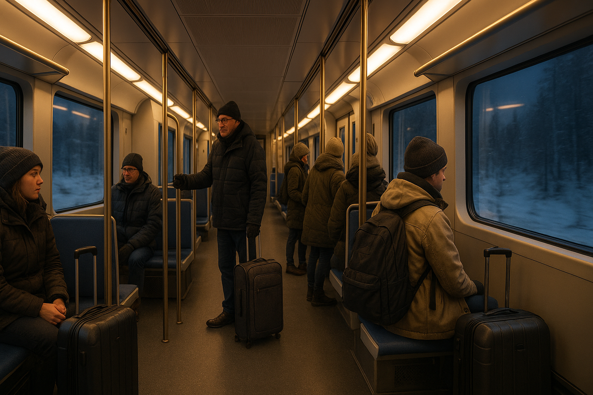 Inside a Finnish train or metro with winter travellers and snow visible outside.