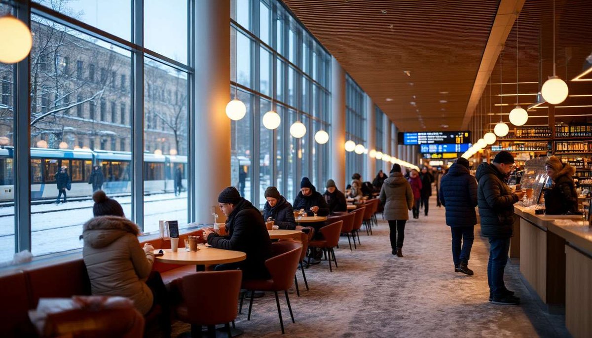 A cozy library or café near a station where people warm up between winter journeys.