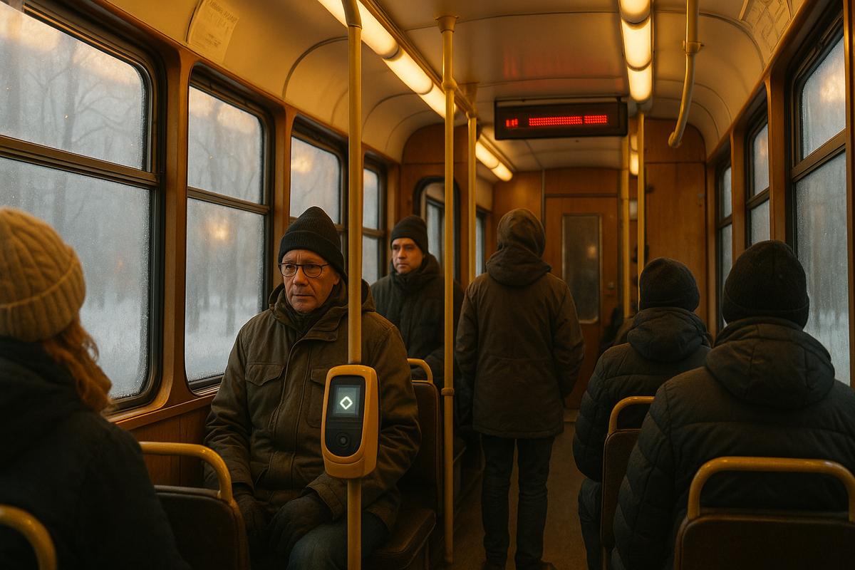 A warm Helsinki tram interior on a snowy winter day.
