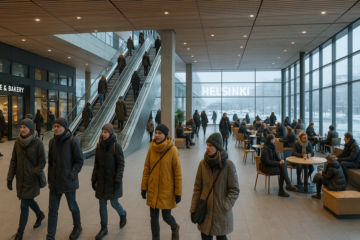 A warm indoor transport hub in Helsinki with snow visible outside.