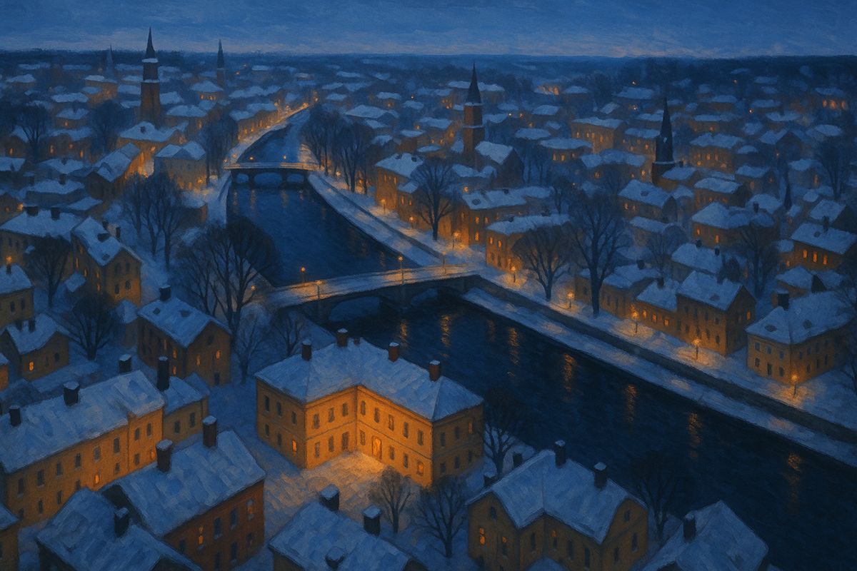 Winter aerial view of Turku old town with Vanha Suurtori and Aurajoki under snow.