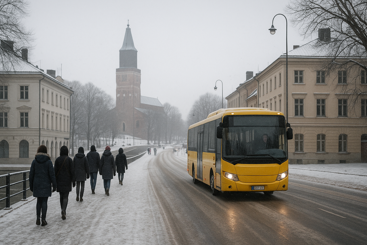 Föli bus and pedestrians heading to the Christmas Peace area in snowy Turku.