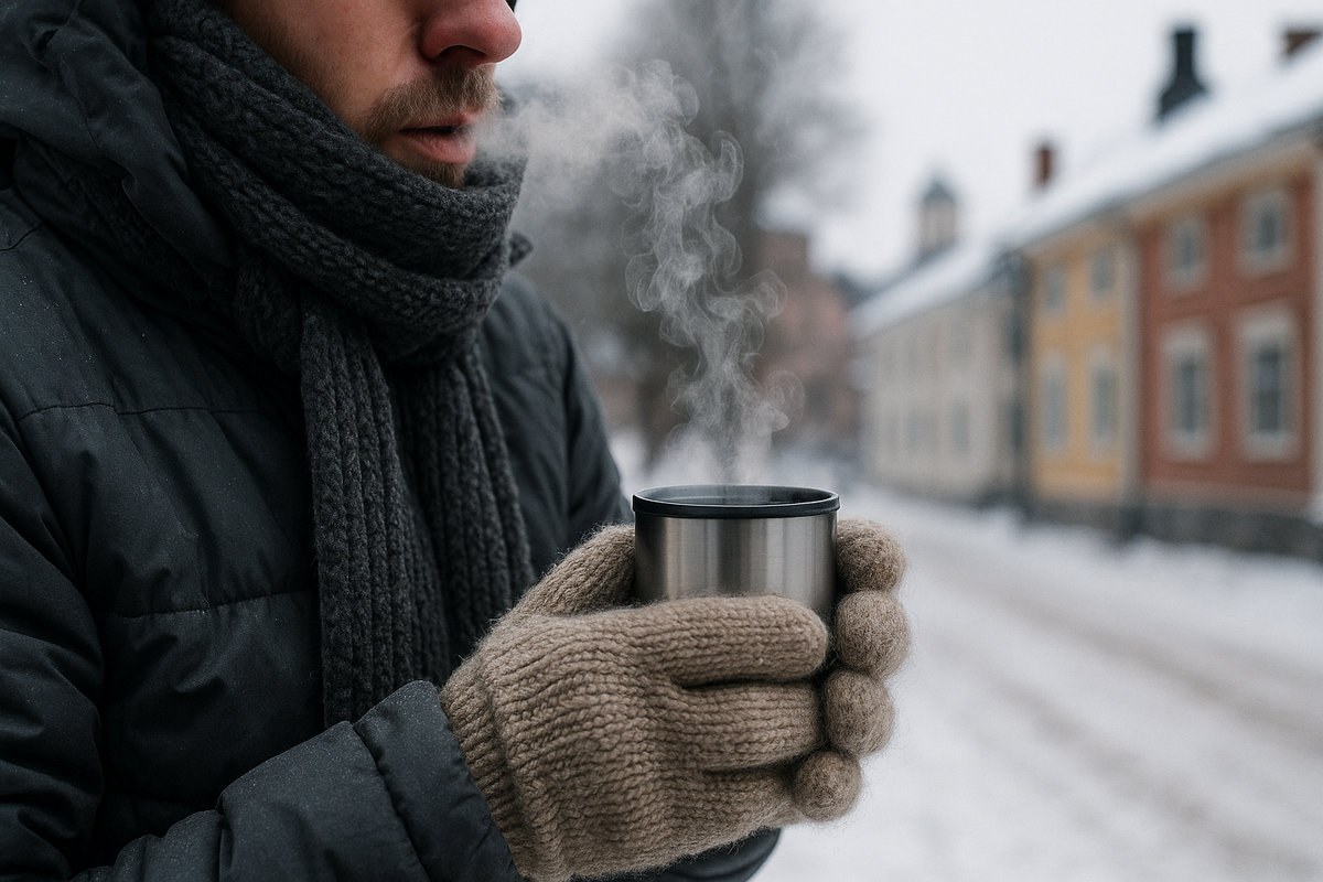 A warmly dressed person with a thermos preparing to stand in the cold at a winter event.