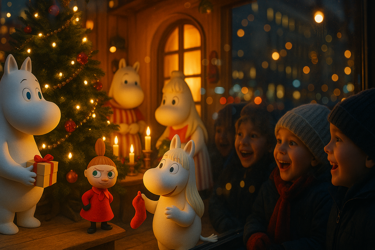 Children watching Moomin-themed Christmas window details.