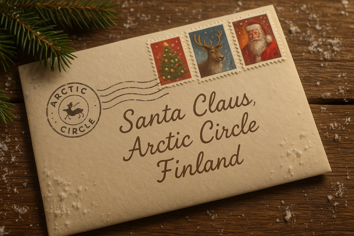 Festive Christmas envelope with Finland stamps and Arctic style postmark on a wooden table.
