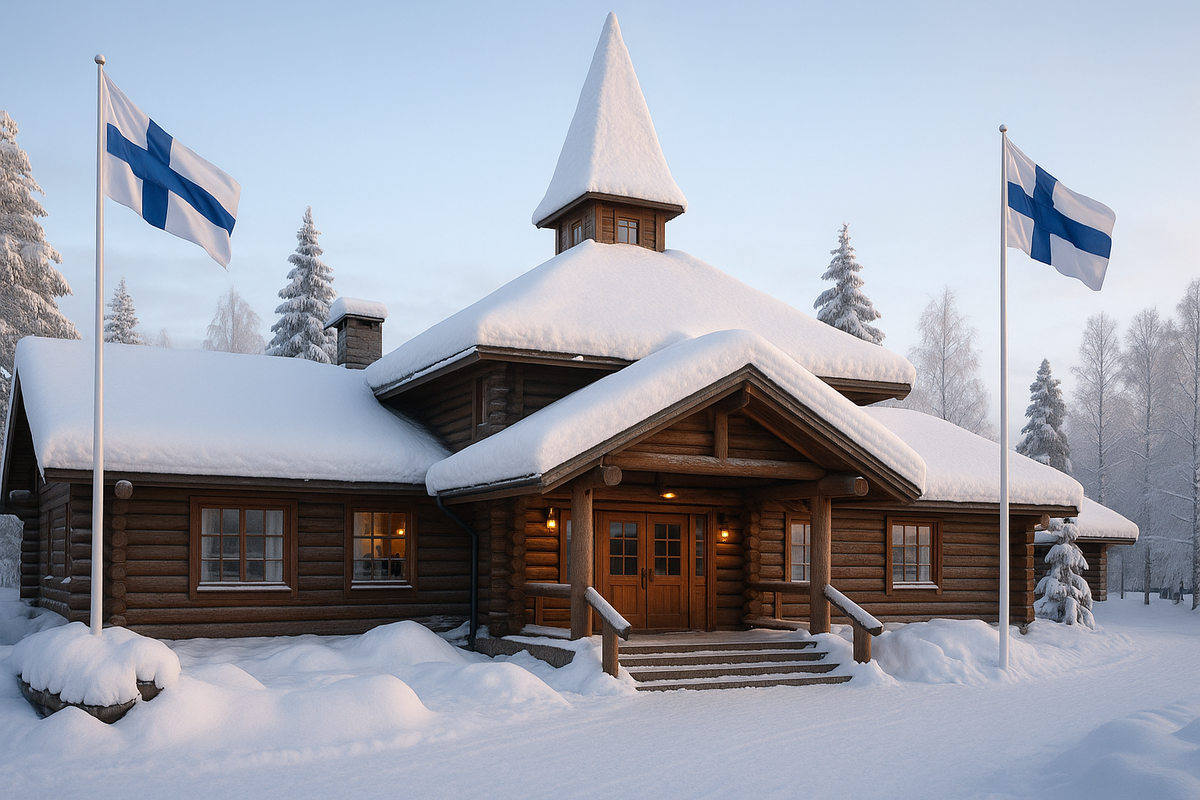 Winter view of Santa Claus’ Main Post Office building in snowy Rovaniemi.