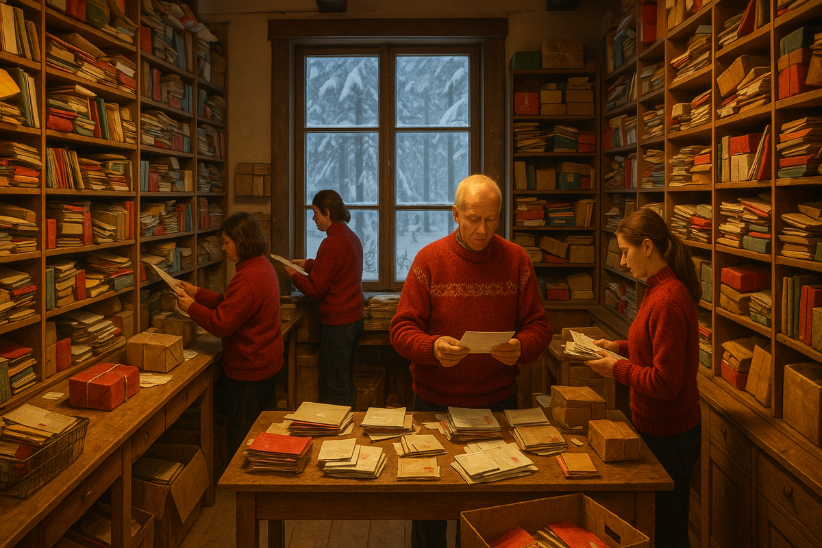Inside Santa’s mail room with shelves full of colorful Christmas letters from all over the world.