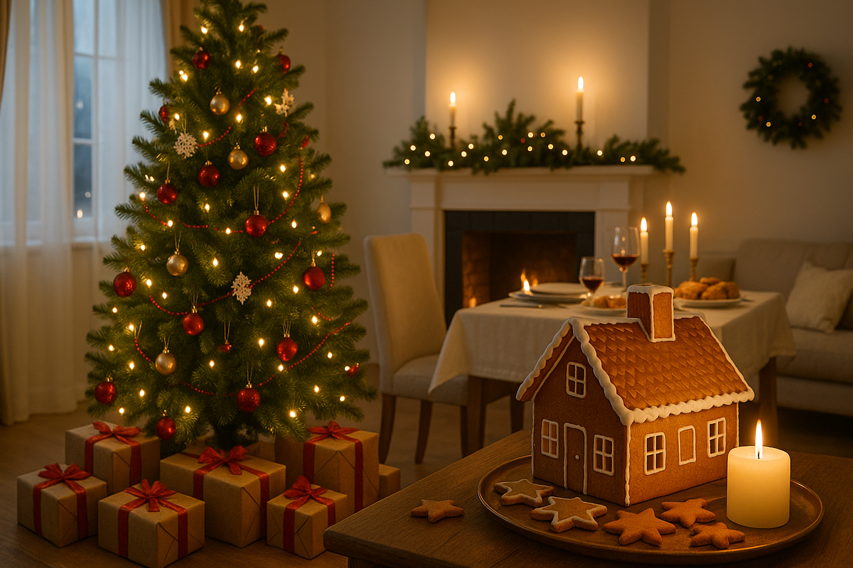 A cozy Scandinavian living room decorated for Christmas with a lit tree, gifts, candles, and a gingerbread house.