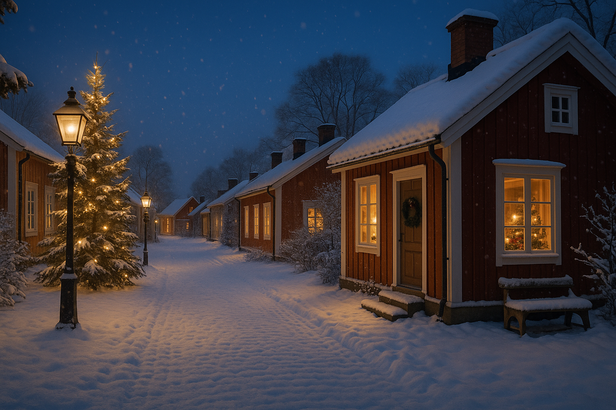 A peaceful Scandinavian winter street with snowy wooden houses glowing warmly at dusk.