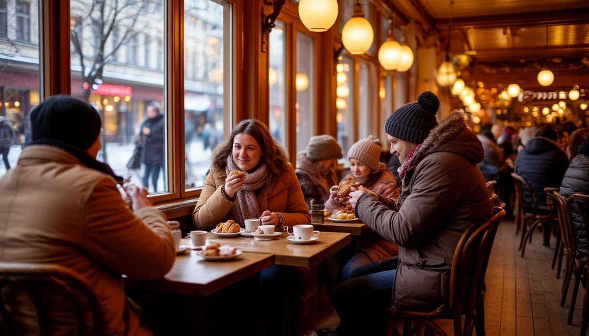 People warming up in a café near Stockmann with winter atmosphere.
