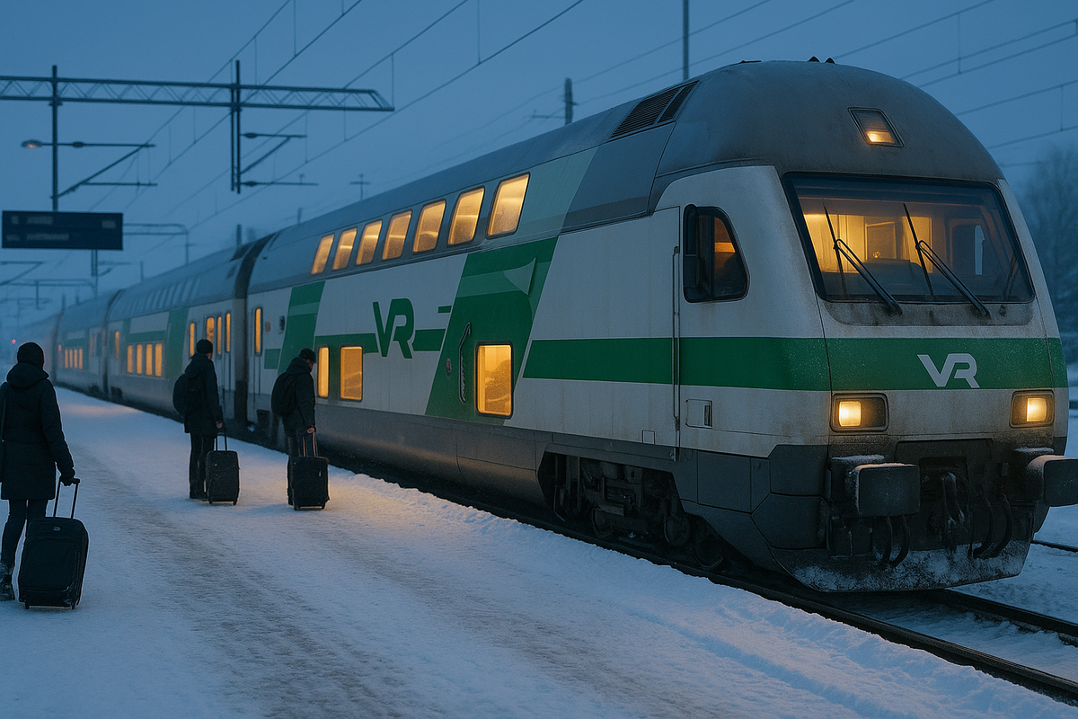 A VR intercity train at a snowy station with passengers boarding.